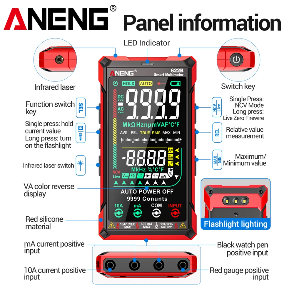 ANENG 622B 멀티미터 9999 적외선 레이저 테스터 10A 긴 내구성 테스트 NCV 전압 다이오드 멀티 테스터 미터 아날로그 도구 계산
