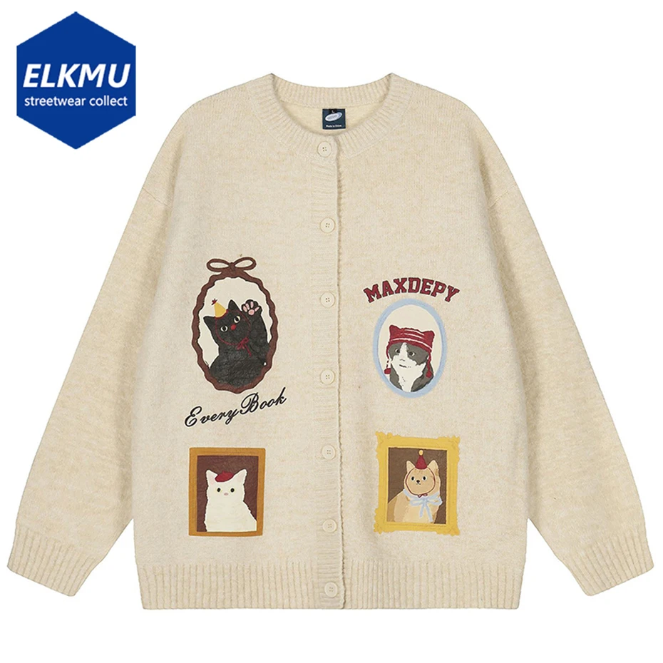

Cat Graphic Sweaters Vintage Oversized Sweaters Knit Cardigan Streetwear Harajuku Hip Hop Sweaters Knitwear