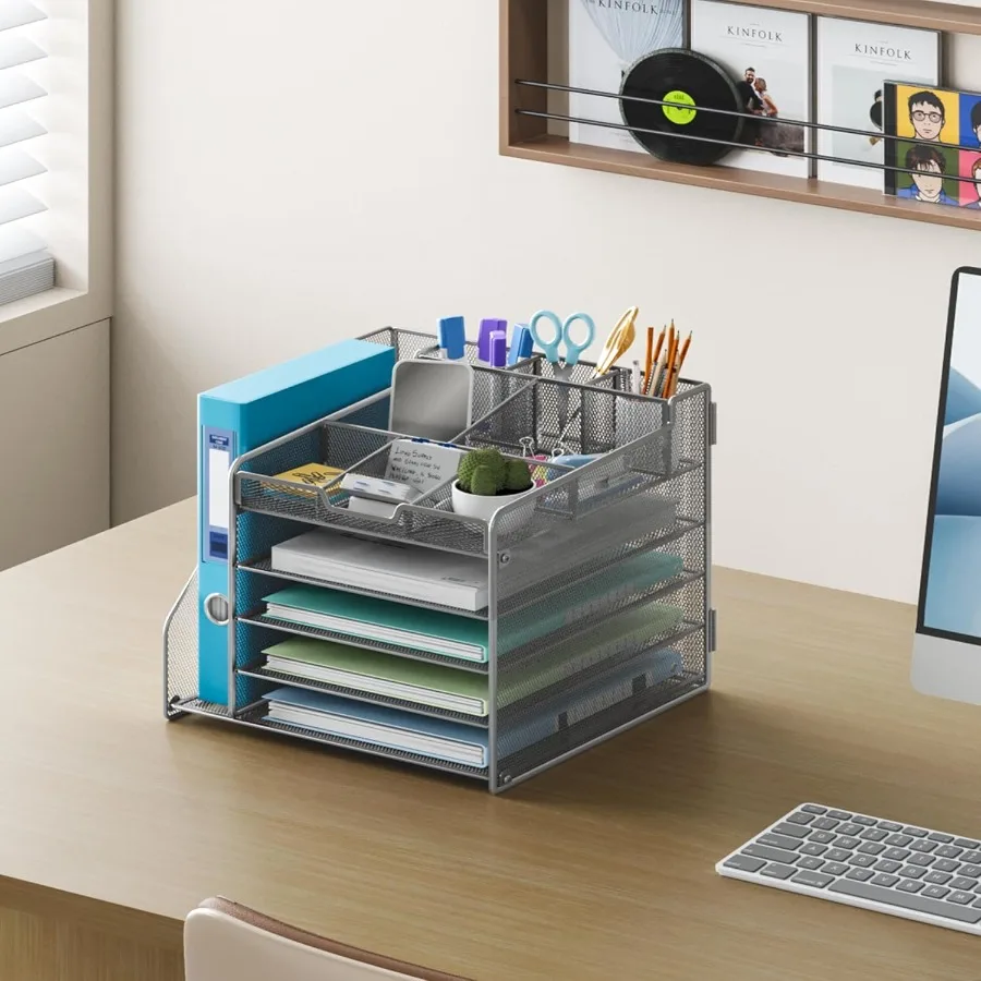Lavatino 5-Tier Metal Mesh Desk Organizer with File Holder and 7 Customizable Compartments for Office or Home Desk Storage Keep