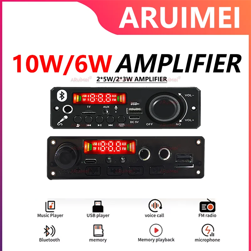 10W/ 6W Dual Power Bluetooth Amplifier Board MP3 WMA APE Decoder DC3.7V-5V with USB/TF/FM Handsfree for Car Audio DIY
