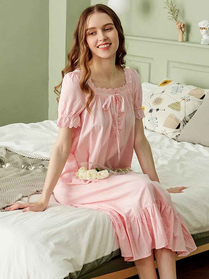 

Women Cotton Summer Vintage Princess Nightgowns Short Sleeve Nightwear Pajamas Loose Ruffles Sleepwear Victorian Homewear