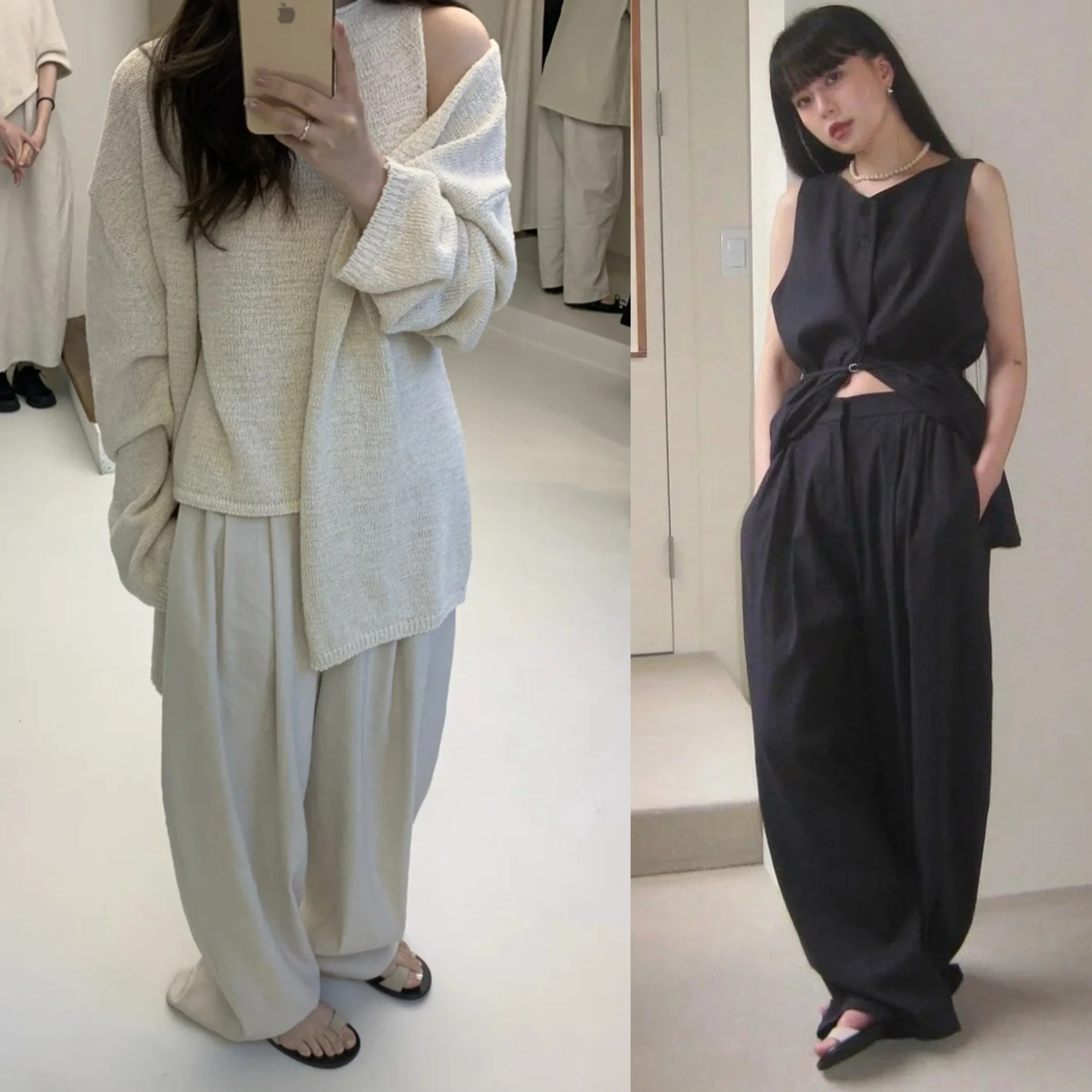 Sommer 2022, neues Design, Moia Hangzhou Damen-Hose mit weitem Bein, hohe Taille, Leinen-Freizeithose, drapiert, gefaltet, koreanische Sle