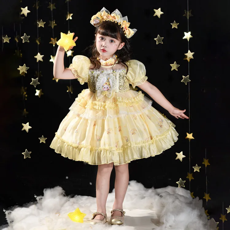Vestido de Princesa Lolita com Renda para Meninas, Vestido de Aniversário, Manga Curta, Saia Midi de Fibra de Poliéster, Vest...