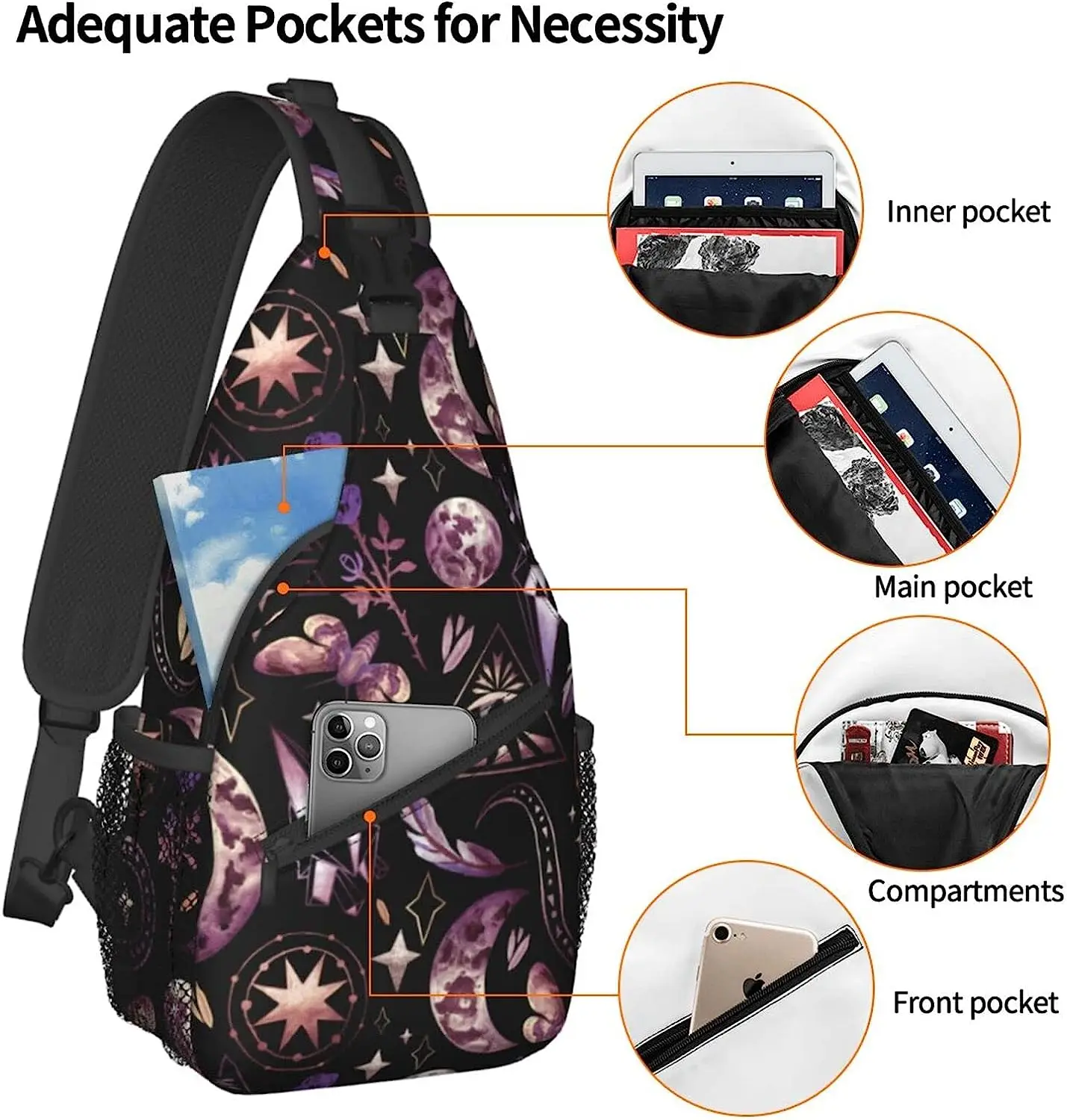 Sling Bag Tarot Moon Butterfly Magic Goth Hiking Daypack Crossbody Shoulder Backpack Travel Chest Pack for Men Women