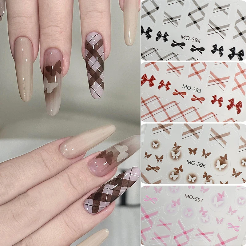 1 PC สีขาว Bowknot ตกแต่งเล็บ Y2K DIY อุปกรณ์แต่งเล็บผีเสื้อเส้นตารางรูปแบบ Self-กาวสติกเกอร์เล็บ