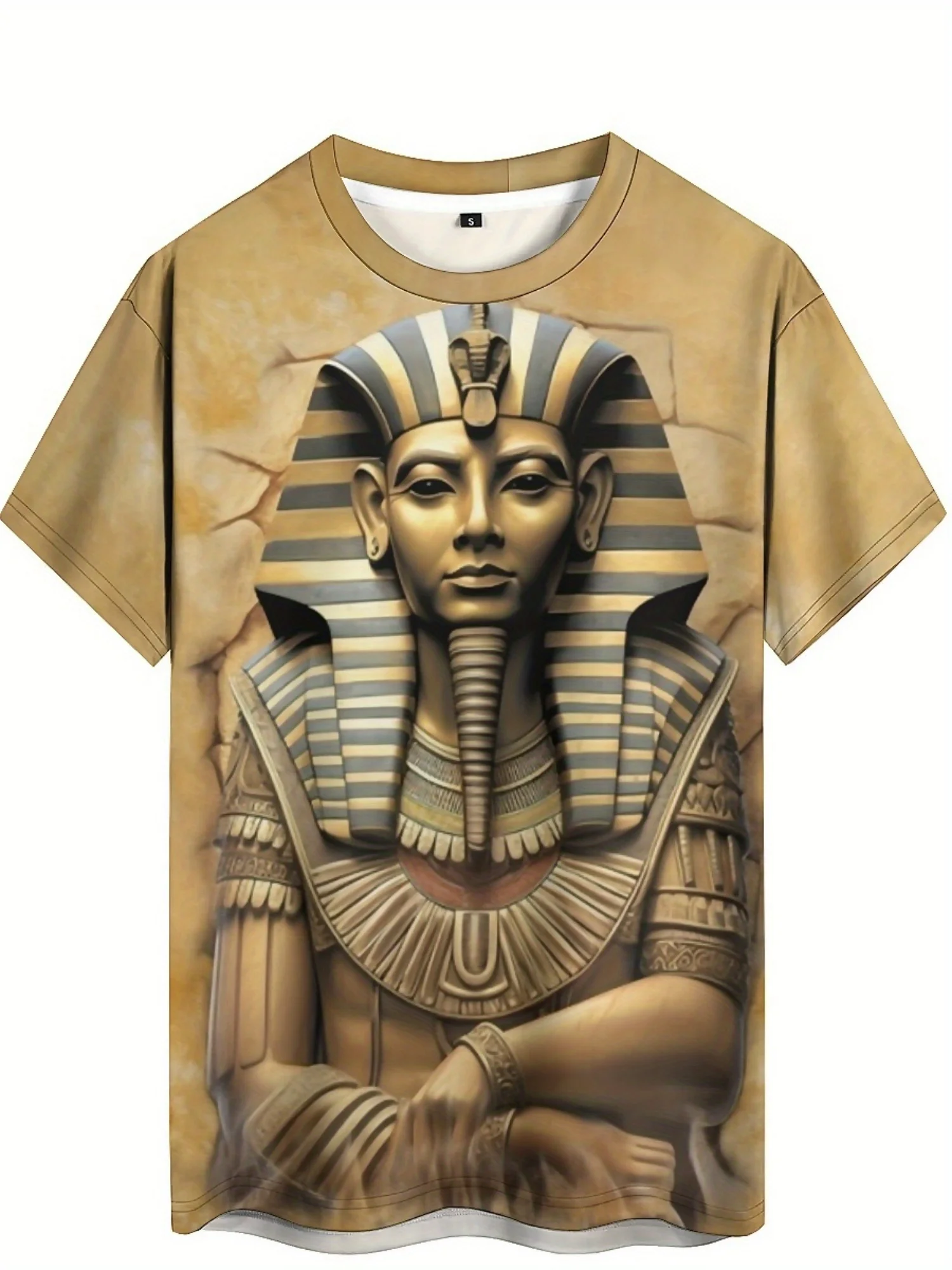 Camiseta masculina plus size com estampa 3D do faraó egípcio – estilo retrô Y2K respirável e confortável, manga curta com gola redonda