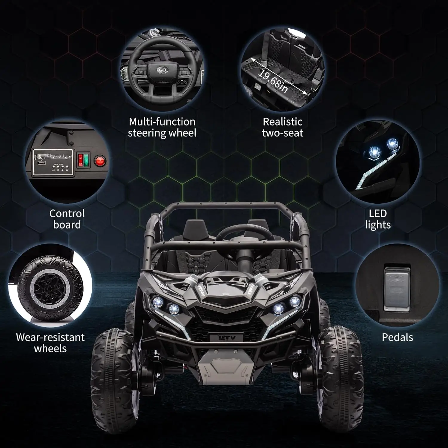 Voiture 24V pour enfants, véhicule électrique 4WD avec télécommande, 2 places, lumières LED, Absorption des chocs à quatre roues, 3 vitesses