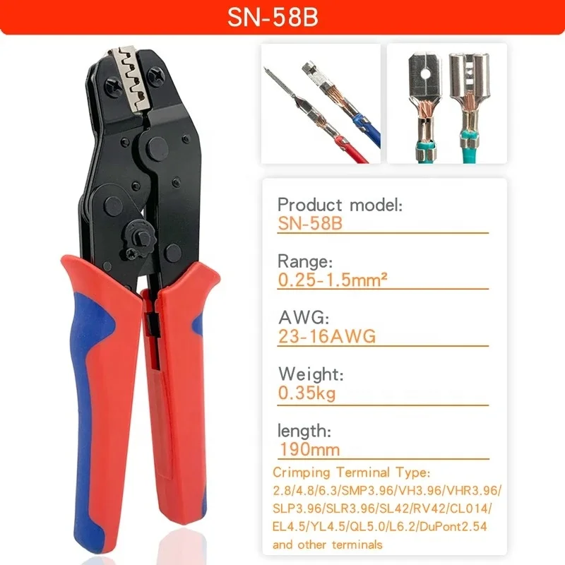 SN-58B Electrical Crimper Automotive Crimping Plier For TAB 2.8/4.8/6.3 SM2.5 XH2.54 Terminals Kit Electrical Hand Tools