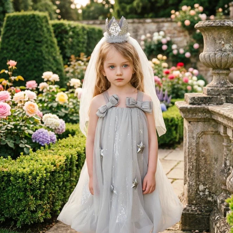 Girls Spaghetti Strap Dress Sweet Fashion Bud Princess Dress Star Pattern Tulle Tutu Birthday Party Pageant Dresses for Kids