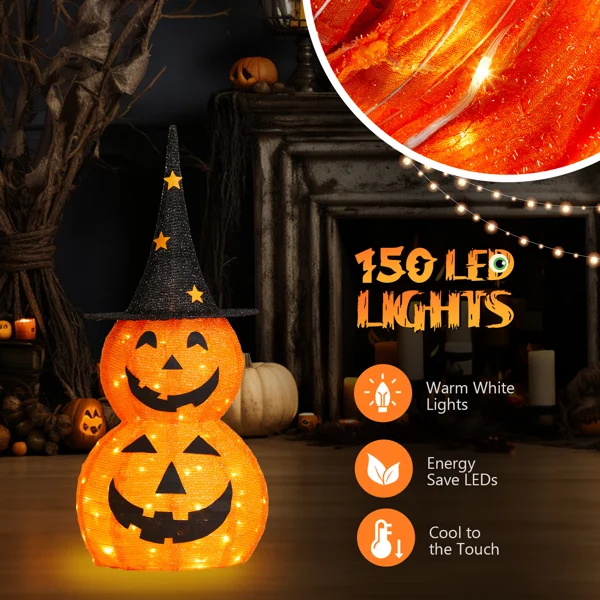 【替换75595776】2pcs 3ft 橙色 2层伸缩包布南瓜 短毛葱布 150LED暖白皮线灯 4.5V 3.6W 万圣灯饰装饰 美规-15