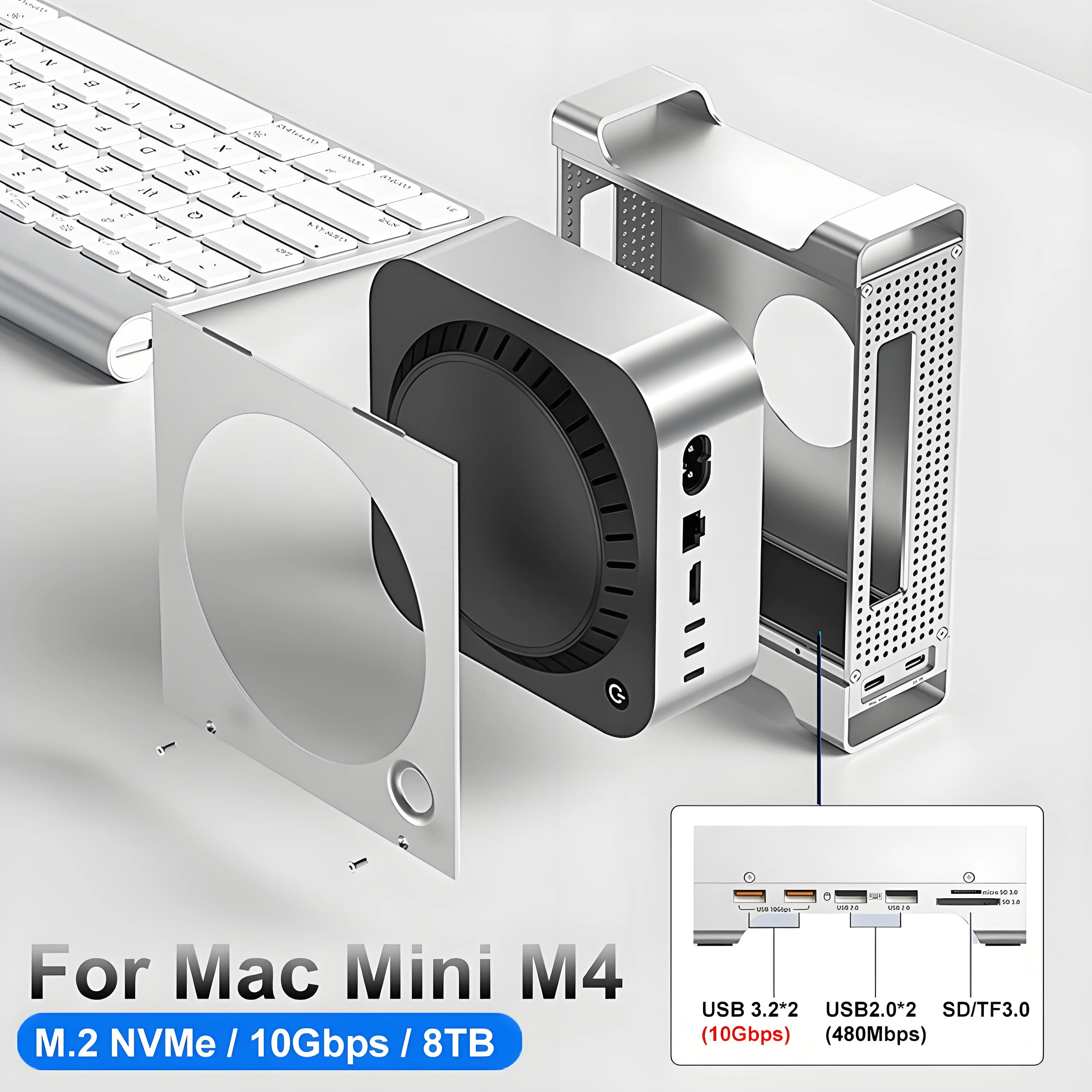 محور USB C مع حاوية M.2 SSD لجهاز Mac Mini M4/M4 Pro Stand Type-C 8TB Max 10Gbps USB3.2 Gen2 SD/TF محطة إرساء SSD