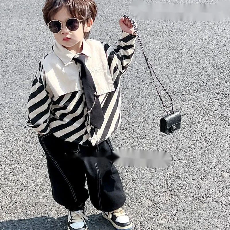 Boys Spring And Autumn Two-piece Set 2024 New Handsome Black And White Stripe Shirt Pants Children\'s Clothes Fashion Suits