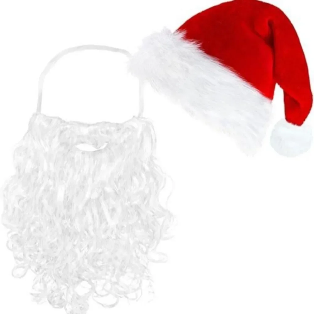 Christmas Red Elf Hat and Beard Costume, Soft Warm Elastic Papa Elf Dwarf Beanie Hat for Halloween Costume Cartoon Cosplay