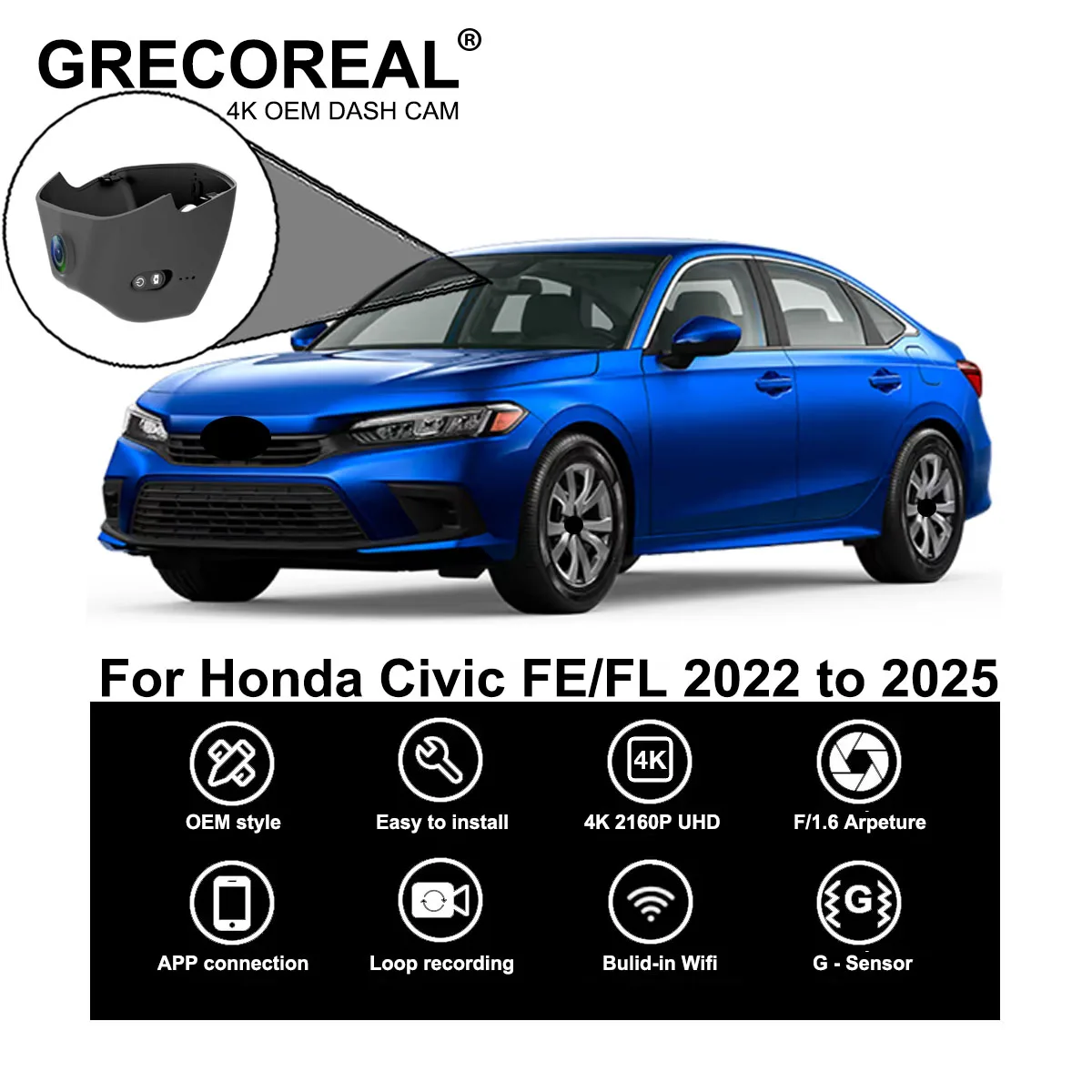 

GRECOREAL 4K Car Dash Cam Front and Rear WiFi Car Camera Dual Dashcam APP Control Plug Play Compatible with Honda Civic FE FL