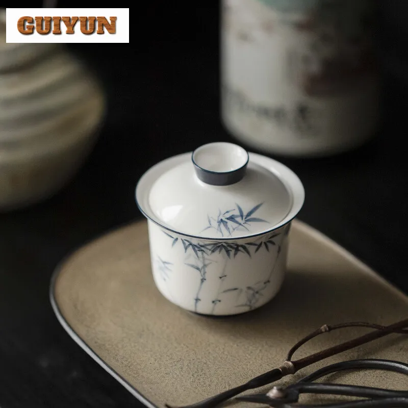

100ml Hand-painted Bamboo Cover Bowl Household Underglaze Color Gaiwan Luxury Tea Cup Tea Brewing Chinese Tea Collection Gifts