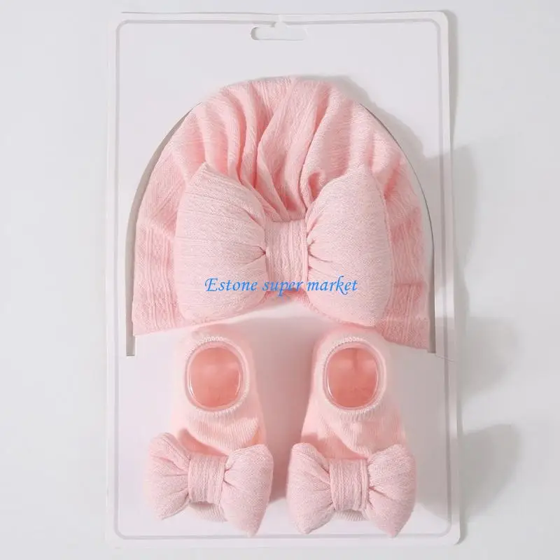 090B Baby Turban Hat with Socks Trendy Baby Girl Accessories Bowknot Cap Socks set
