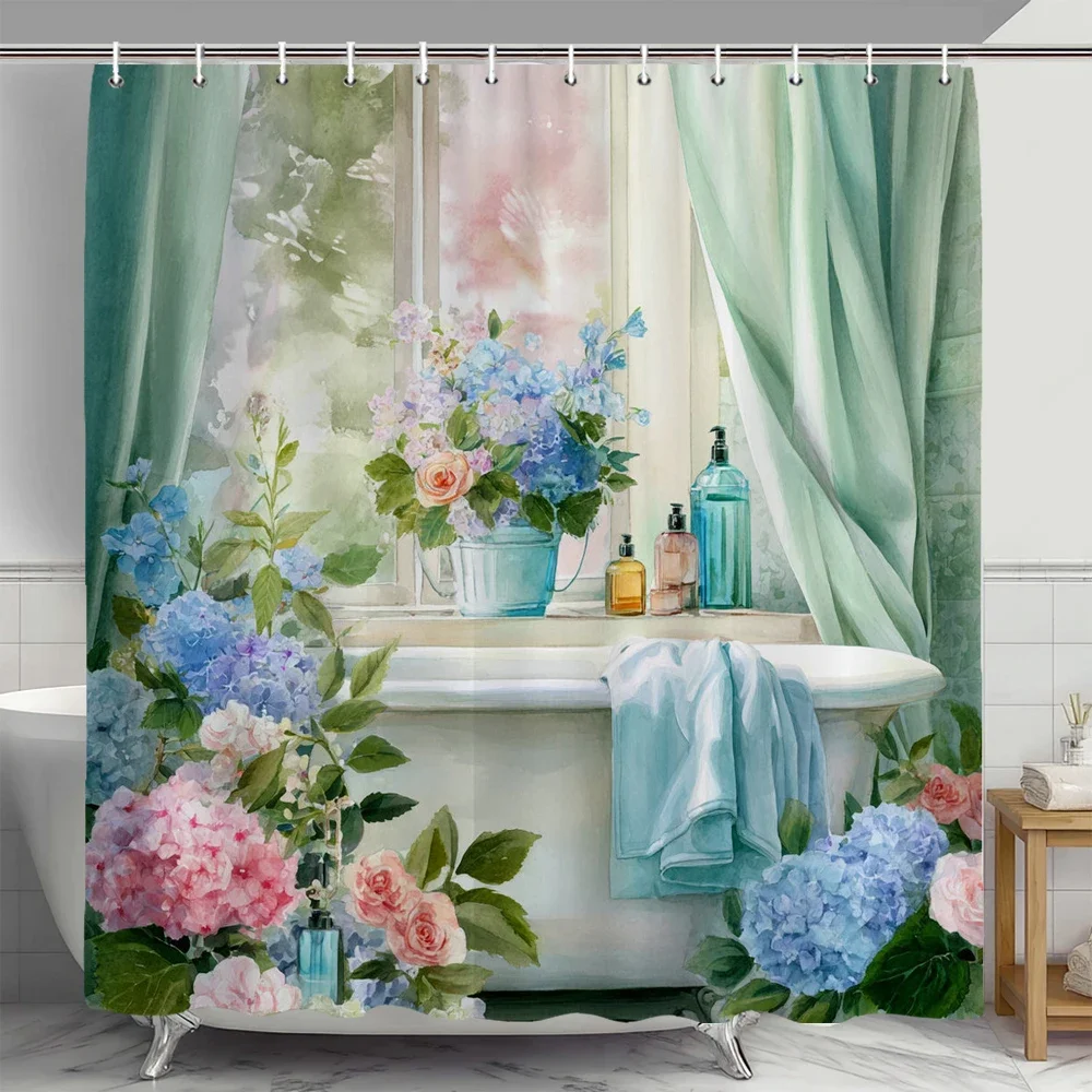 Watercolor flowers scenery outside the window Shower Curtain,Bathroom Decorative Shower Curtain, Print fabric Curtain with Hooks