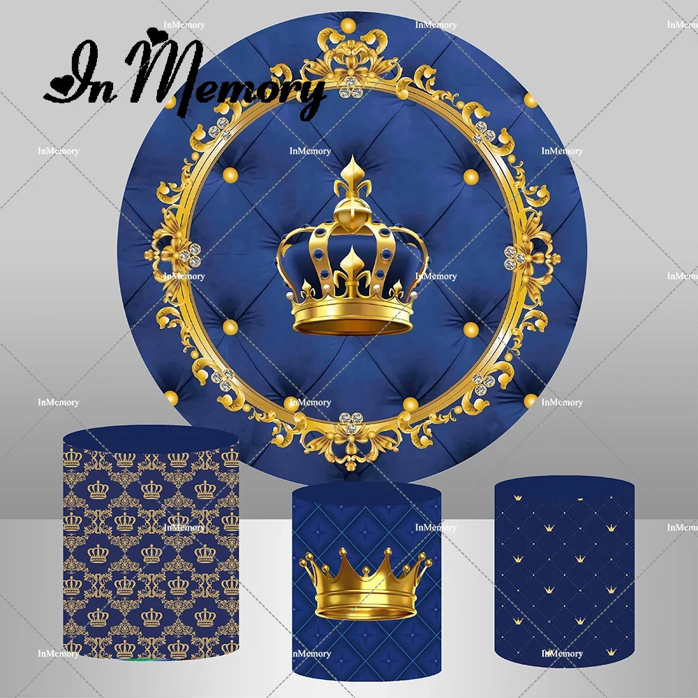 Royal Blue Prince Boys Baby Shower Round Backdrop Cover Gold Crown Kids 1st Birthday Party Background Cylinder Covers