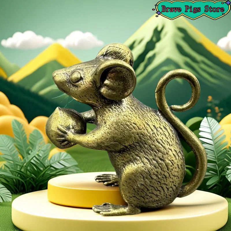 Copper Cute Mouse Peach Miniatures Figurines Tea Pet Table Ornament Crafts Brass Animal Rat Statue Home Decorations Accessories