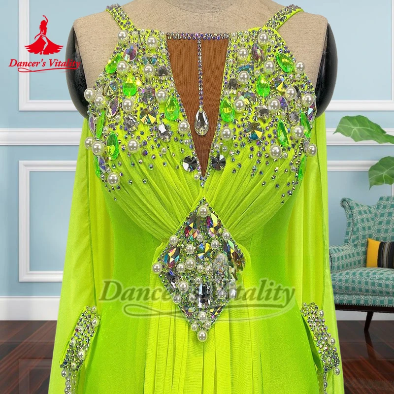 성인용 볼룸 포크스트롯 형광 노란색 민소매 백리스 럭셔리 드레스 맞춤형 왈츠 탱고 댄서 의상 댄서의 활력