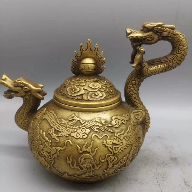 Antique copper with double dragons, rural collectible, home craft water kettle