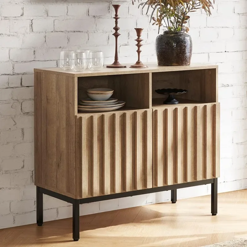 mopio Norwin Storage Cabinet, Sturdy Modern Rustic Industrial Buffet Sideboard, Fluted Accent Storage Cabinets, Credenza, Oak