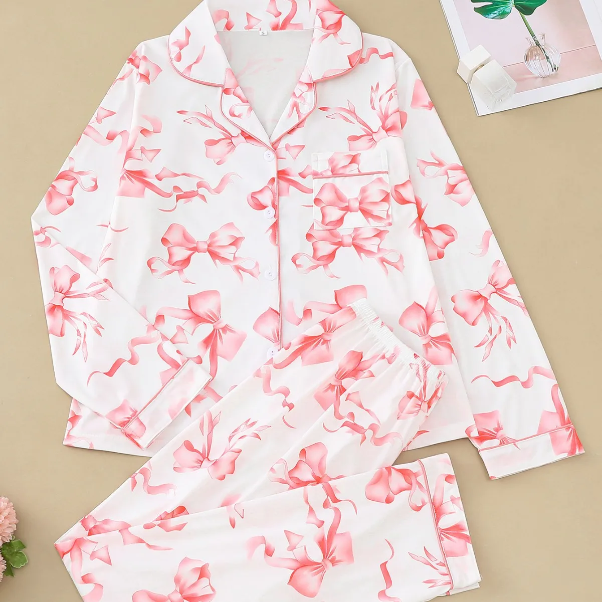 

Autumn New Women's Pajamas Bow Print Lapel Long-sleeved Trousers 2PCS European American Comfortable Loungewear Set