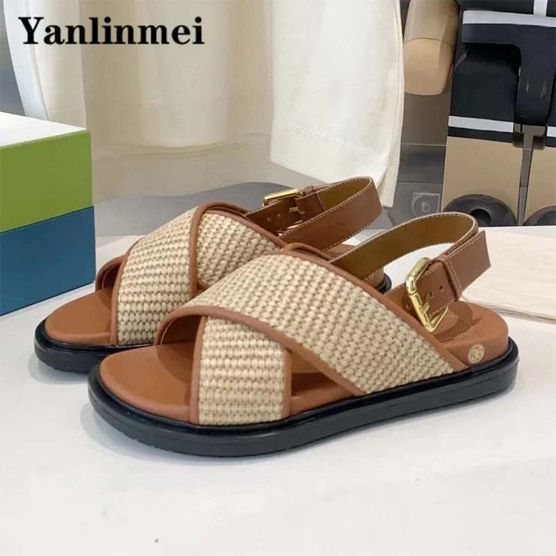 

Summer New Flat Sandals Women Cane Braided Cross Strap Casual Beach Shoes Female Thick Sole Roman Sandals Woman Sandalias Mujer