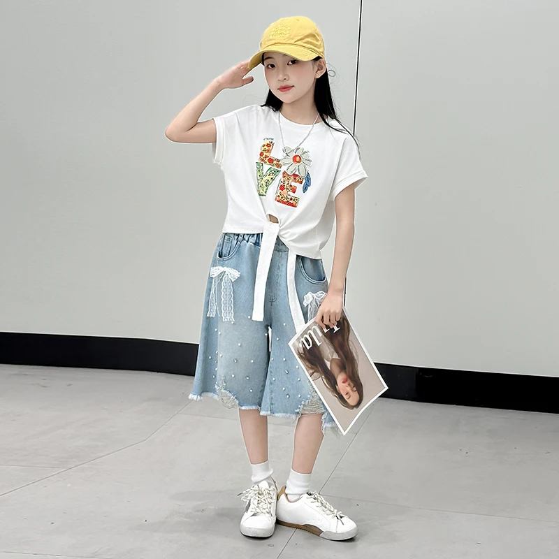

2026 Summer Children's Pearl Jeans Girls' Bow Sparkling Diamond Denim Shorts Boys' Beach Sports Shorts