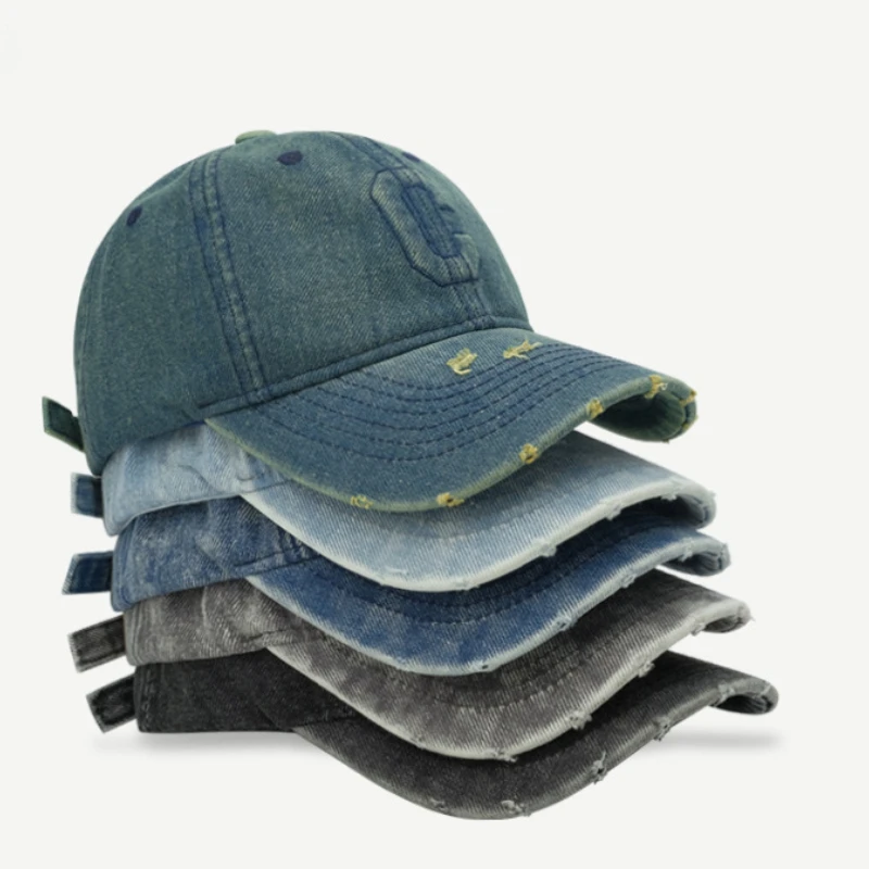 

High-quality Heavy Industry Washed Denim Ripped Baseball Cap for Men and Women Korean Version Ins Tide Brand C Letter Cap