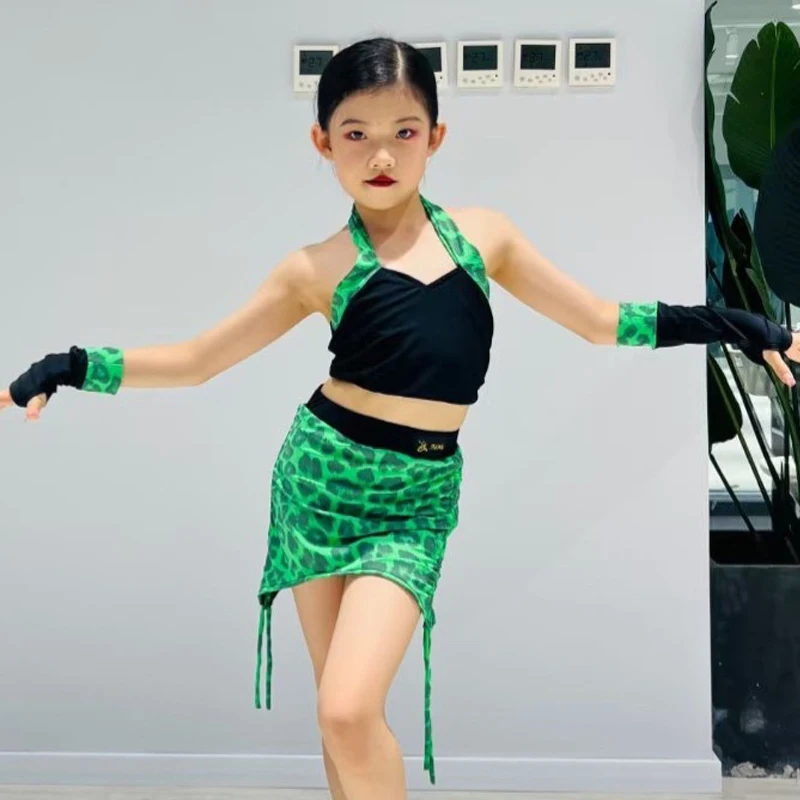 Girls Latin Dance Performance Costume Black Halter Top Green Leoaprd Skirt Kids Performane Dancing Clothing Stage Wear SL9823