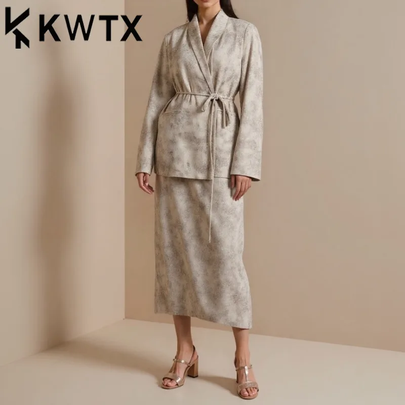 

KWTX Women’s Ombre 2PC Set Tie-Waist Blazer Midi Skirt Single Button Pocket Elegant Minimalist Premium Designer SS25