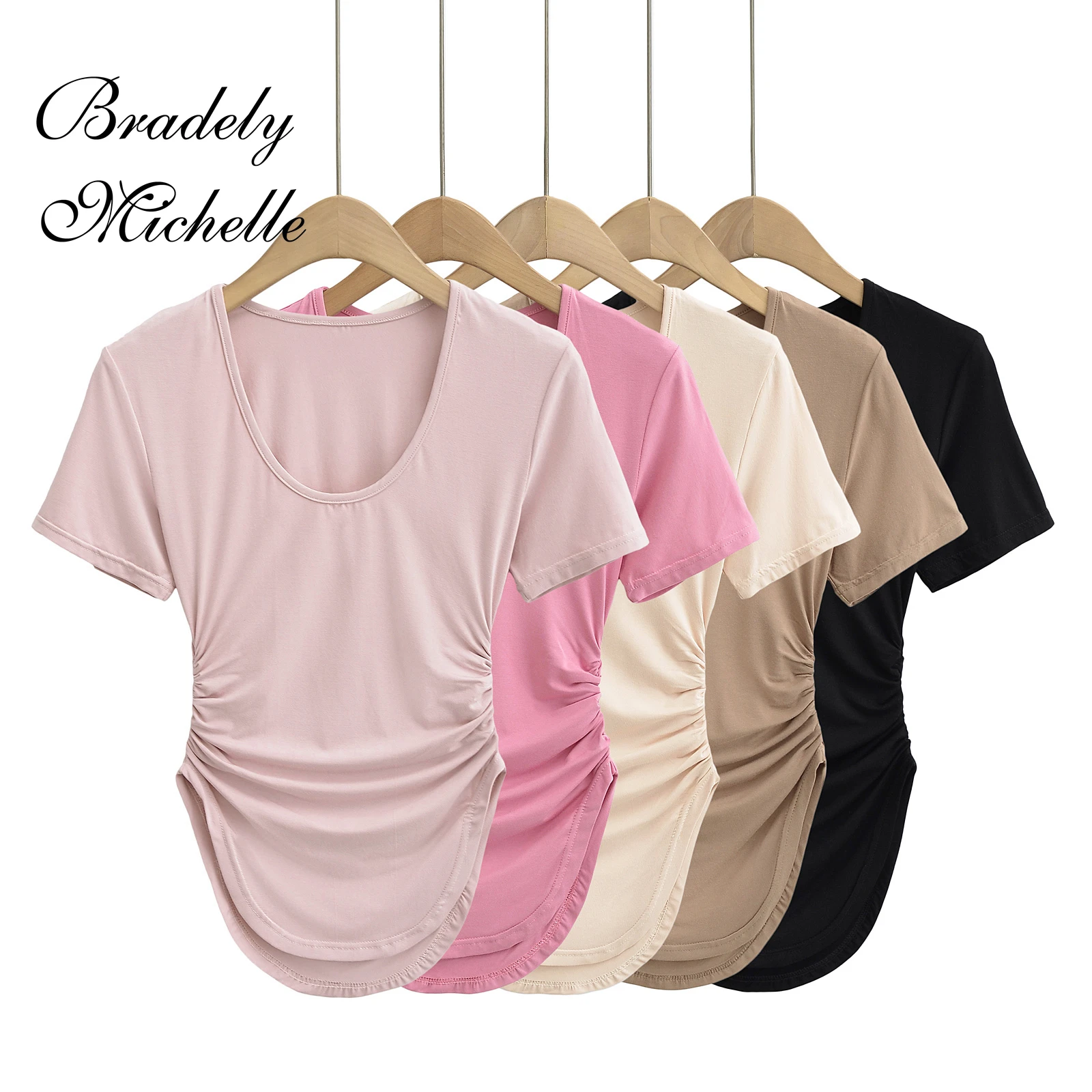 Women's Curved Hem Pleated Side Short-Sleeve T-Shirt Top Y2k Clothes T Shirts