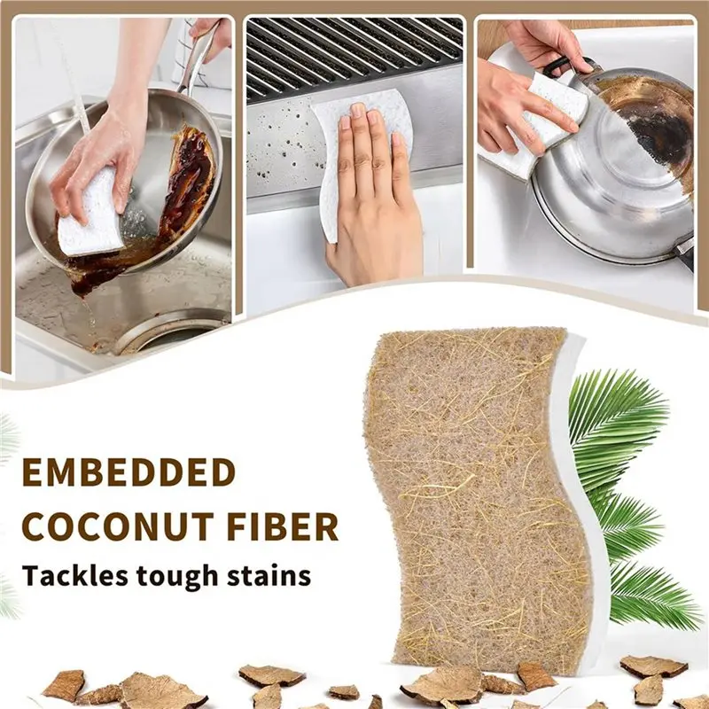 ABJI-45 Pack Biodegradable Natural Kitchen Sponge - Compostable Cellulose And Coconut Walnut Scrubber Sponge