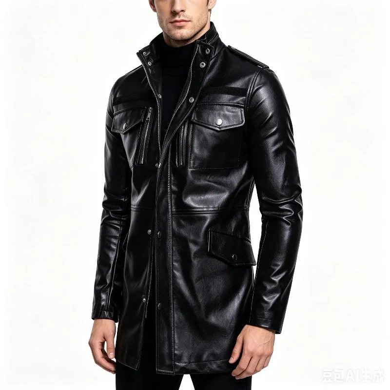 

Long-sleeved men's leather jacket with a medieval style and fashionable German military overcoat - large-sized casual jacket