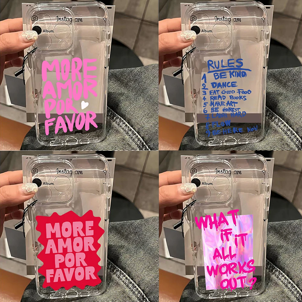 

Colorful Maximalist More Amor Por Favor Phone Case For iPhone 17 16 15 14 13 12 11 Pro Max XR 8 Air Plus Transparent Back Cover