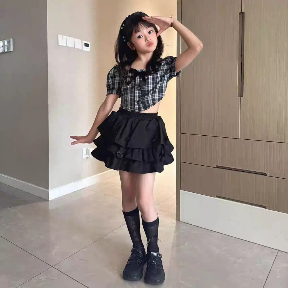 

Cake Dress Sweet Girls Wear Suit Short Sleeve Party T-shirt Plaid Skirt Set Teens Preppy Style Costume Children Summer Clothes