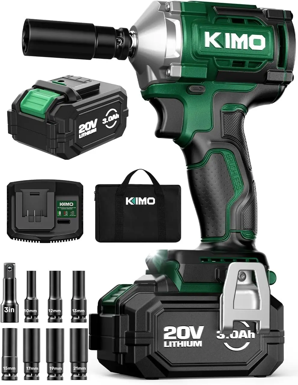 

KIMO Cordless Impact Wrench 1/2 Inch with 814N.M Max Torque, 3Mode Setting, 3000 RPM, 1/2 Impact Gun with 1 Hour Fast Charger