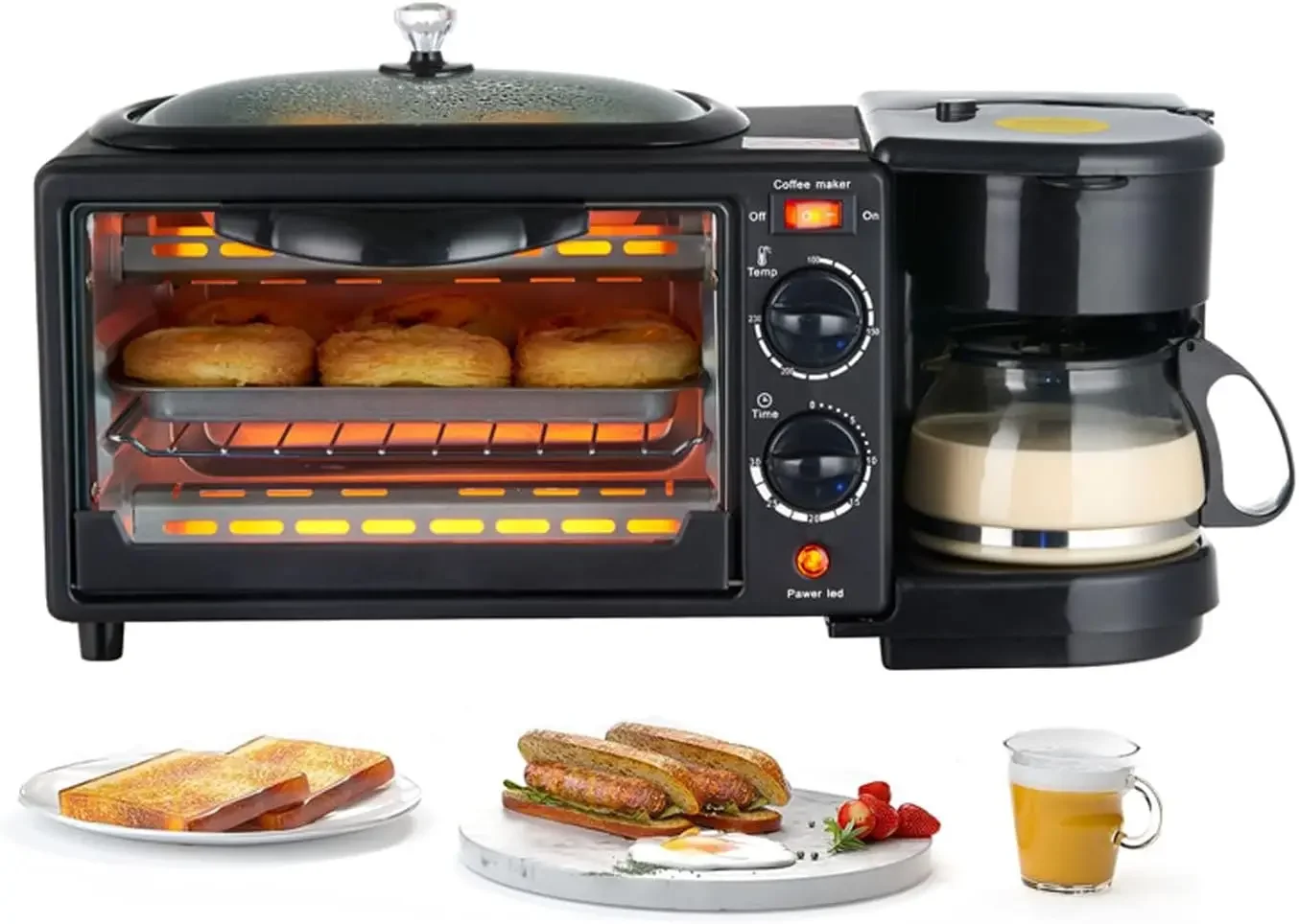 

3 in 1 Breakfast Station, Toaster with Frying Pan, Portable Oven Breakfast Maker with Coffee Machine, Non Stick Die Cast