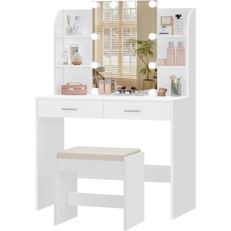 

Vanity Desk with Mirror & Lights, 2 Large Drawers,6 Storage Shelves & Stool,Bedroom Dressing Table with 3 Color Light Adjustable