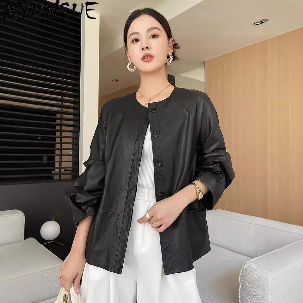 AYUNSUE Genuine Leather Jacket Women 2025 Real Sheepsrekin Womens Jackets Black Spring Autumn Clothes Loose Fit Косуха Женская