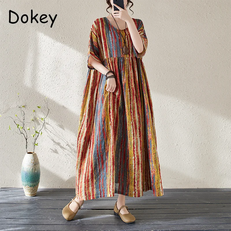 

Women's Elegant Stripe Cotton Robe Femme Summer New Round Neck Short Sleeve Bohemian Long Dress Loose Casual Oversized Vestidos