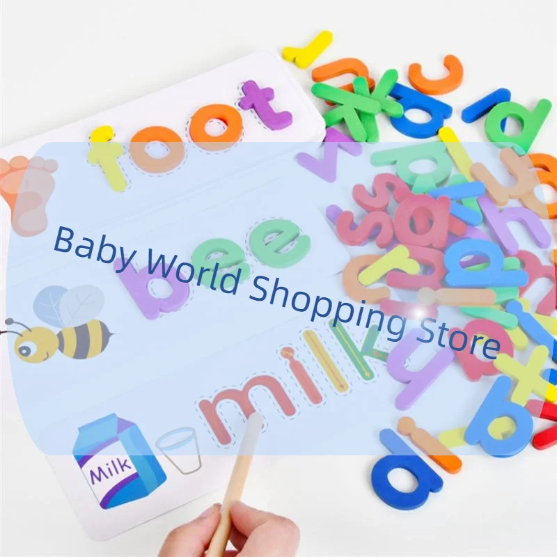 52개 아기 퍼즐 몬테소리 게임 28개 학습 카드 포함 영어 알파벳 철자 단어 나무 교육용 장난감 어린이용