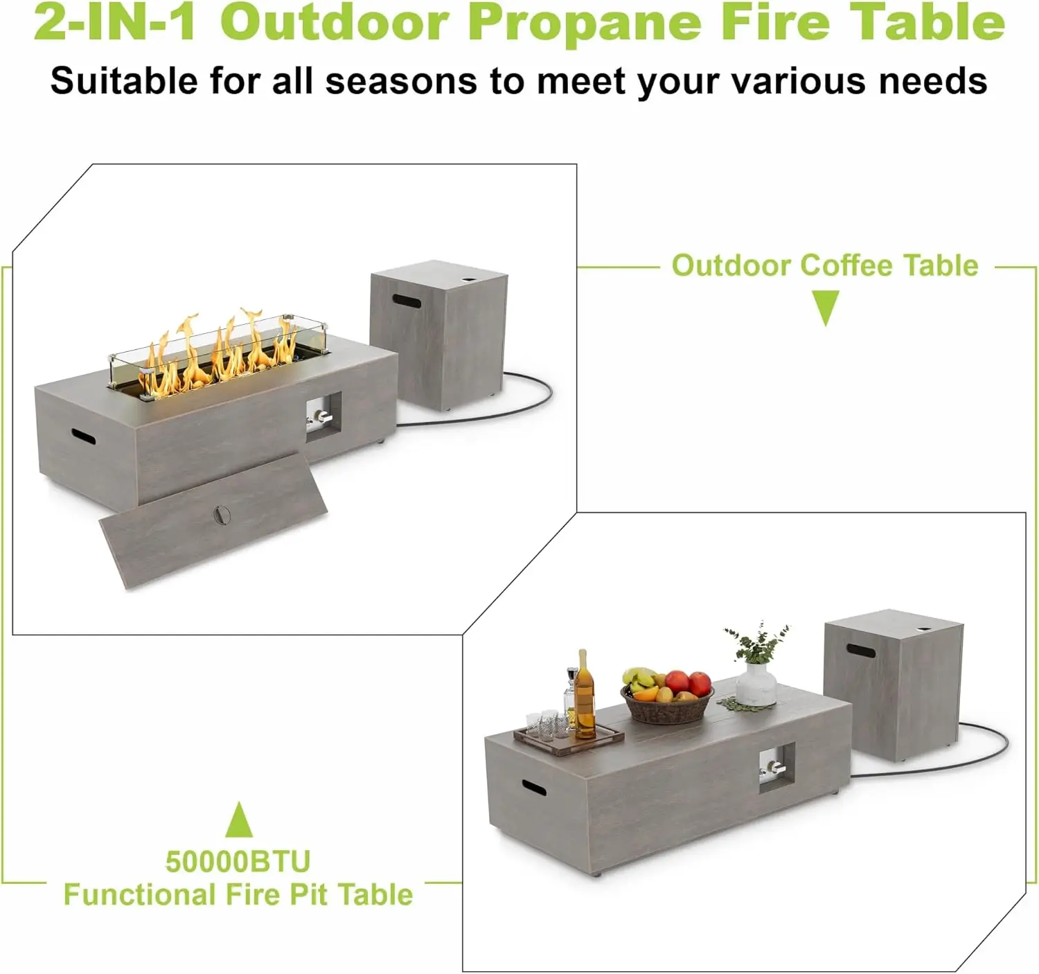Outdoor Backyard or Patio Fire Pit, Rectangular Shape, Grey Color, 50,000 BTU with Wind Guard and Cover view 5