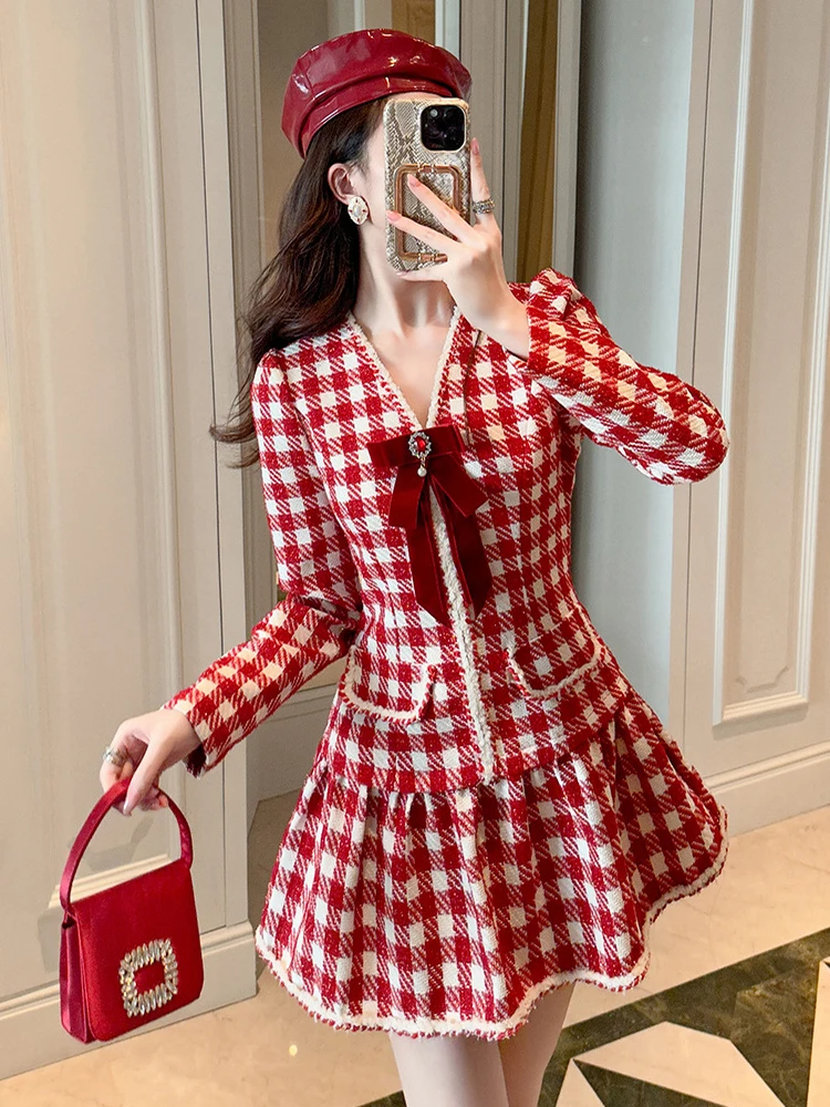 Cute Red Checkered Tweed Party Dress