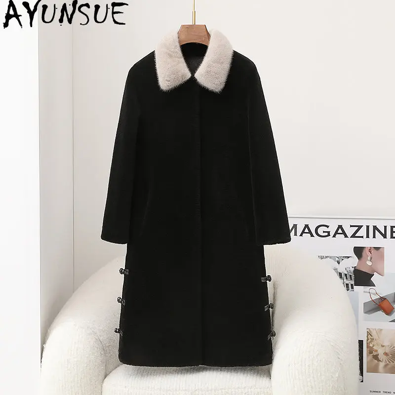 

AYUNSUE Casual Sheep Shearing Jacket Women Clothes Mid-length Fur Coat 100% Wool Jackets Mink Fur Collar Women Coats Chaquetas