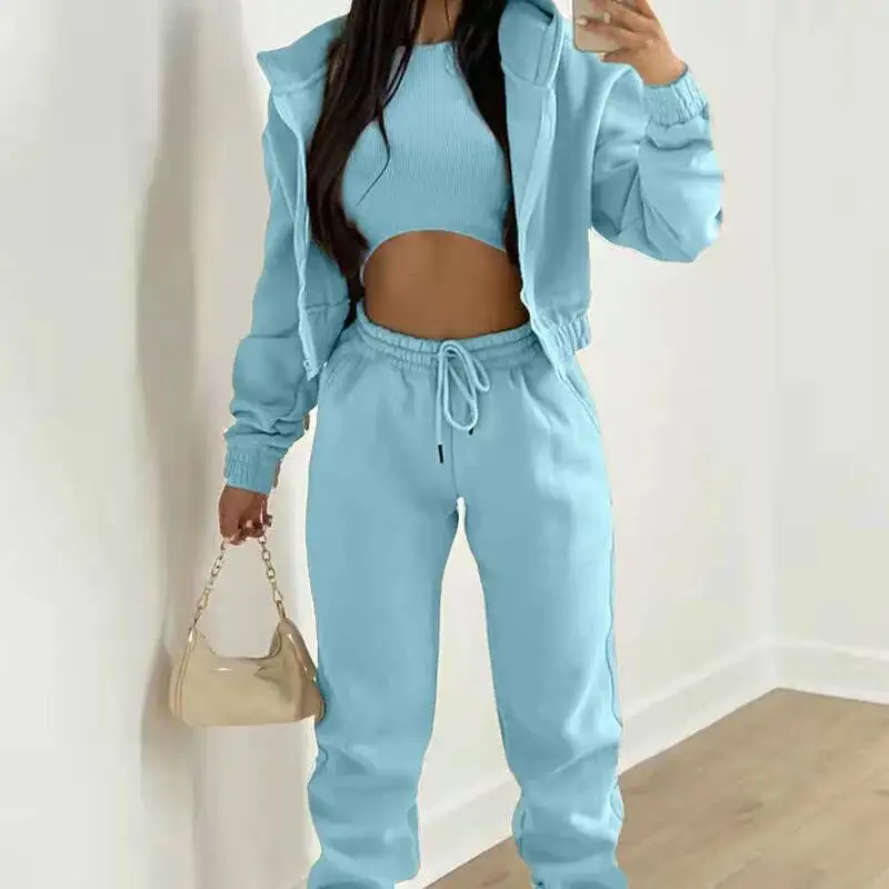 Spring 2025 Women's Pure Color Simple Hoodie Sweatshirt Sporty Casual Long Pants Three-Piece Set Comfortable Polyester Fiber