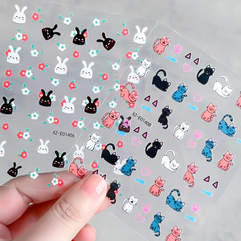 12Pcs 3D Cartoon Animal Dog Cat Graffiti Nail Sticker Lovely Rabbit Bear Rainbow/Cherry/Little Hamster Self-Adhesive Nail Slider