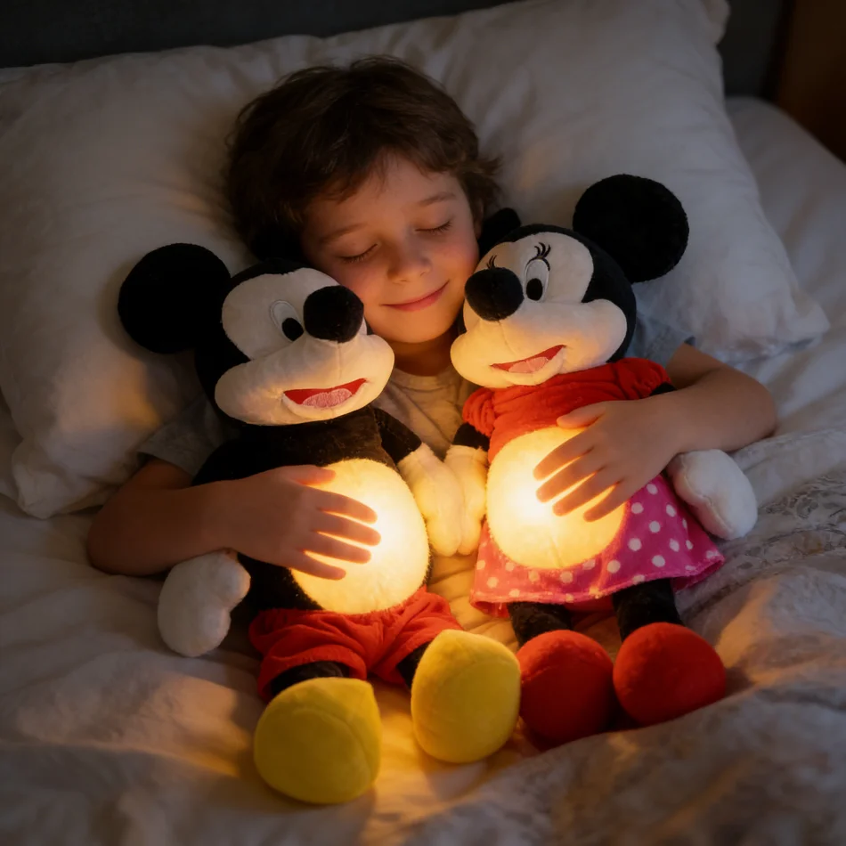 

30-сантиметровые плюшевые игрушки Микки и Минни из аниме с функцией звука, света и имитации дыхания для успокоения и комфортного сна малышей, мягкие куклы, подарки, декор для комнаты