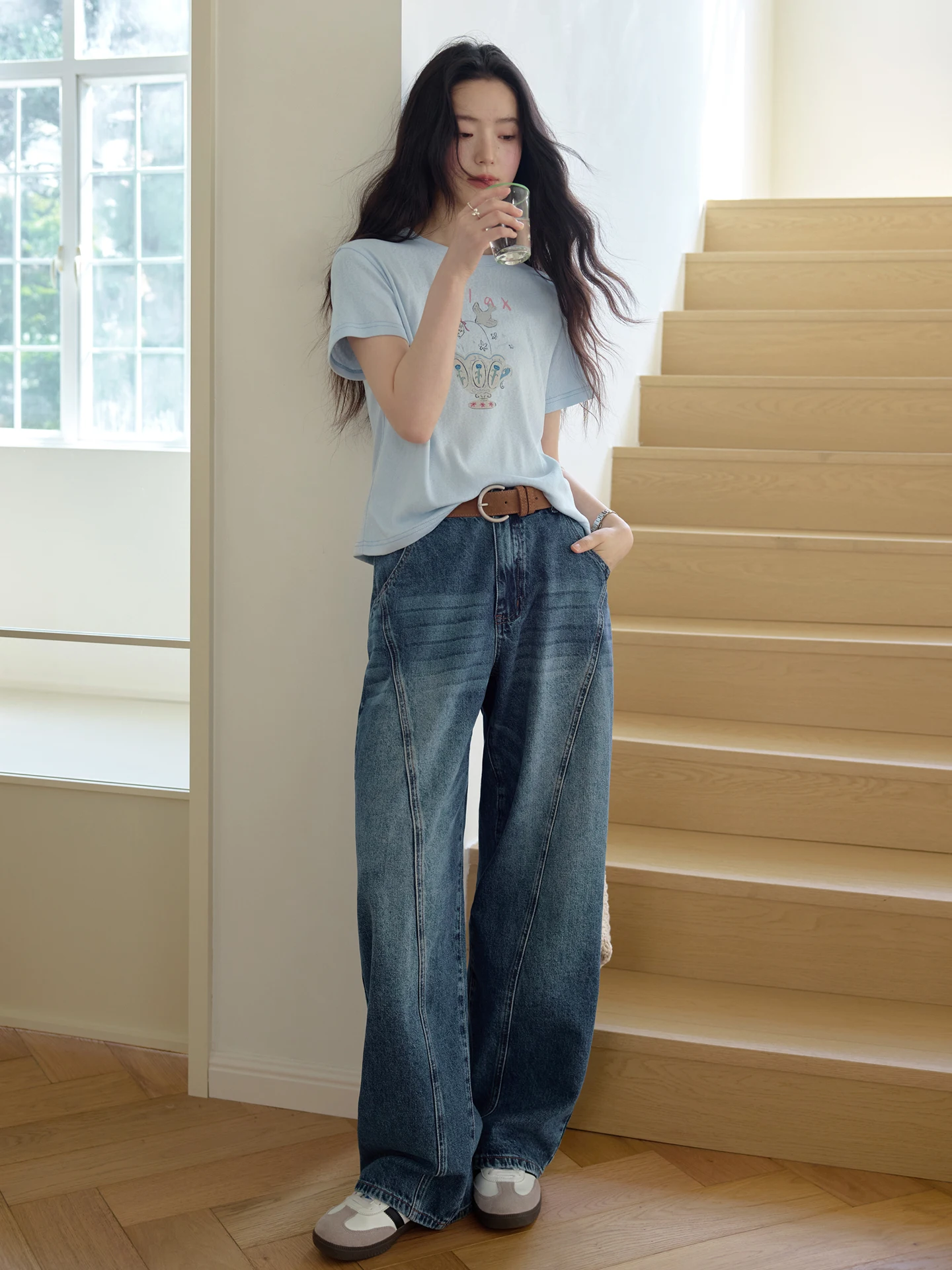 

Casual High Waist Wide Leg Jeans Women's Embroidered Knife Washed Blue Denim Pants Amy Wine House Straight Cut Chinese